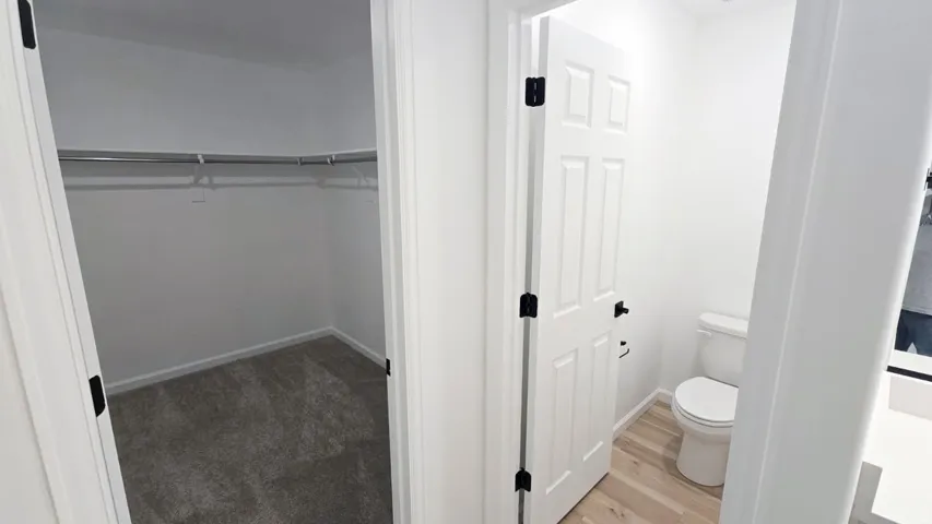 Recessed closet with chrome hanging rods and gray carpet flooring