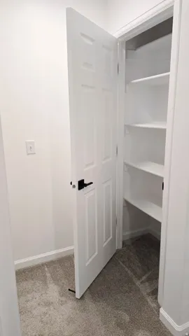 Built-in shelving unit with multiple white shelves, white paneled door with black hardware, white baseboards, and neutral-toned carpet