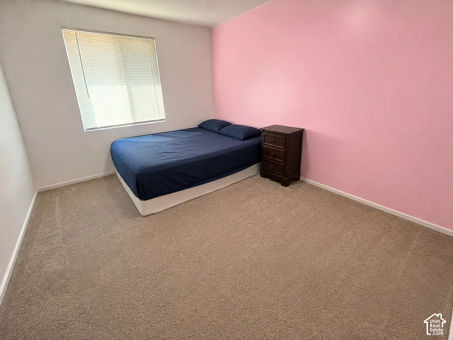 Carpeted flooring throughout, with a window featuring horizontal blinds