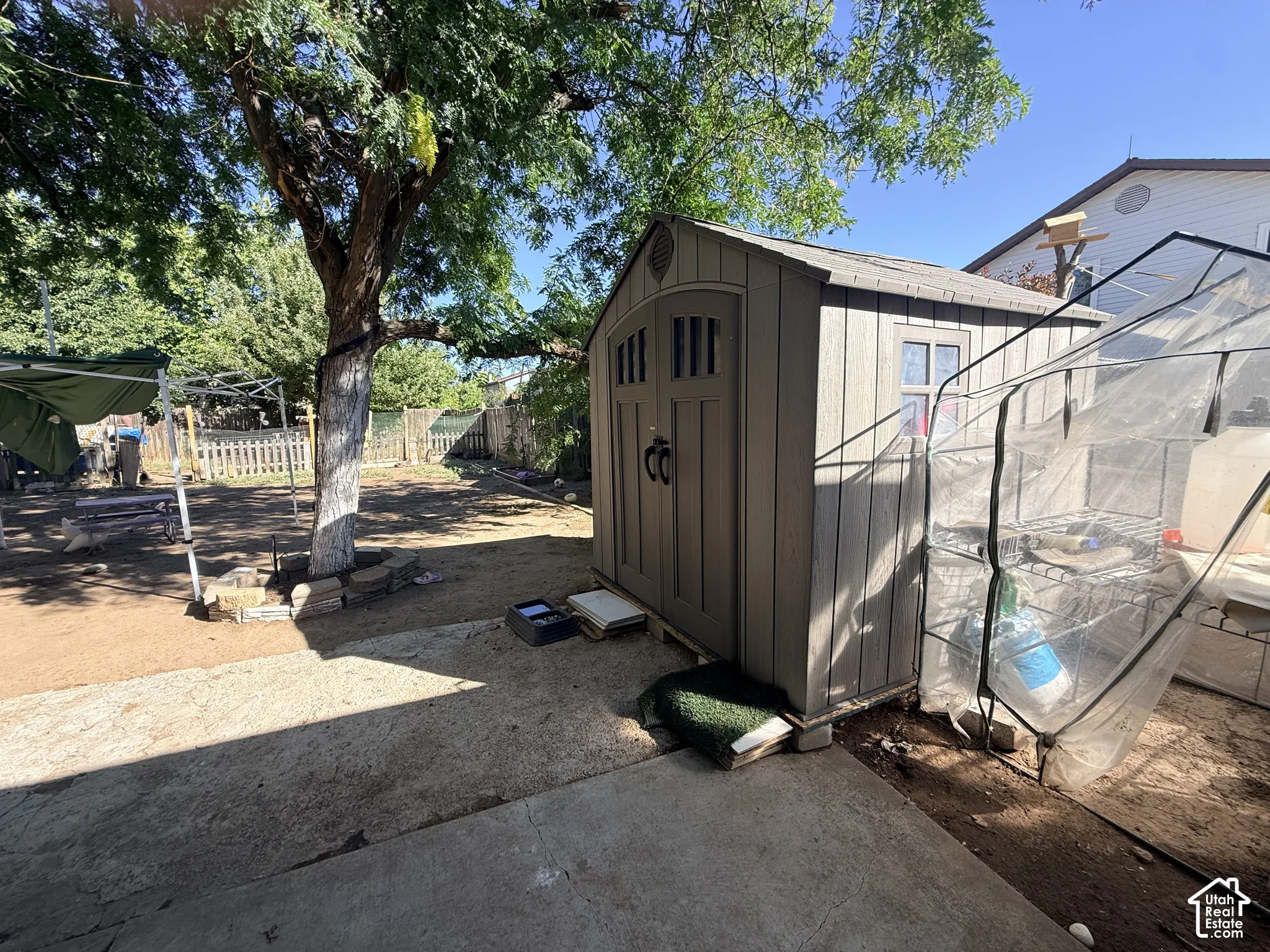 Expansive concrete patio area with a freestanding storage shed and a large mature shade tree