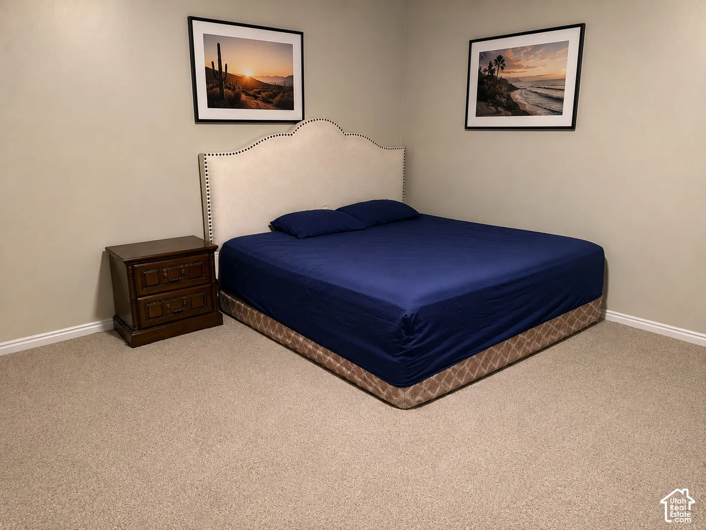 Carpeted flooring paired with neutral wall tones