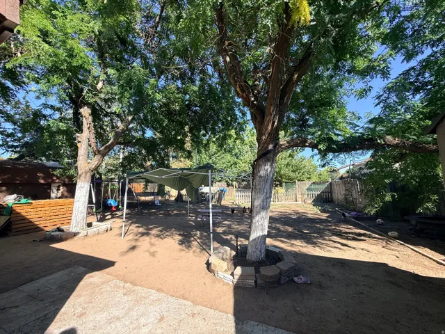 Expansive backyard featuring mature trees, a privacy fence, and a paved patio area