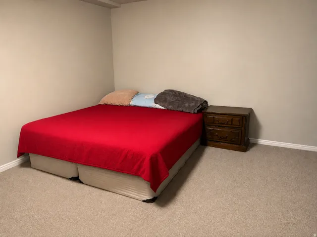 Neutral-toned walls complement the light-colored carpeting