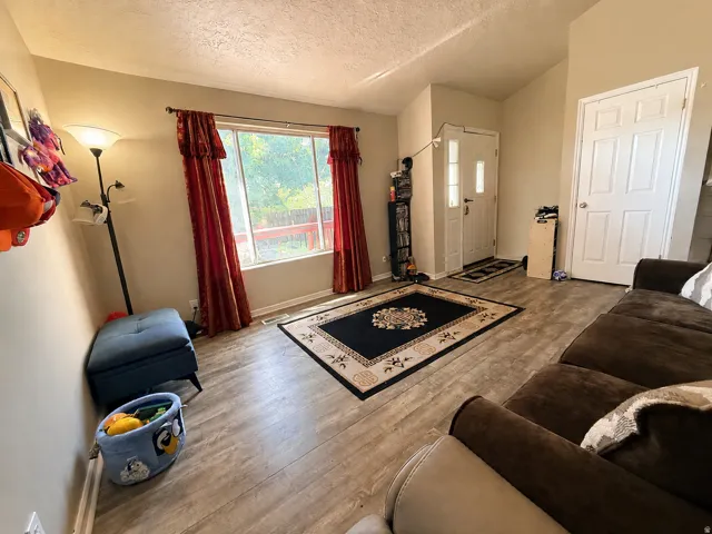 Vaulted ceilings, wood-finish flooring, and a multi-pane entry door