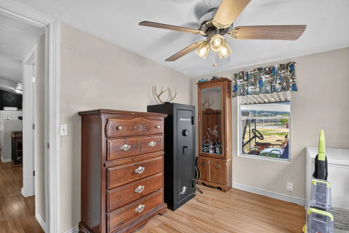 Wood-finish flooring with a ceiling fan light fixture