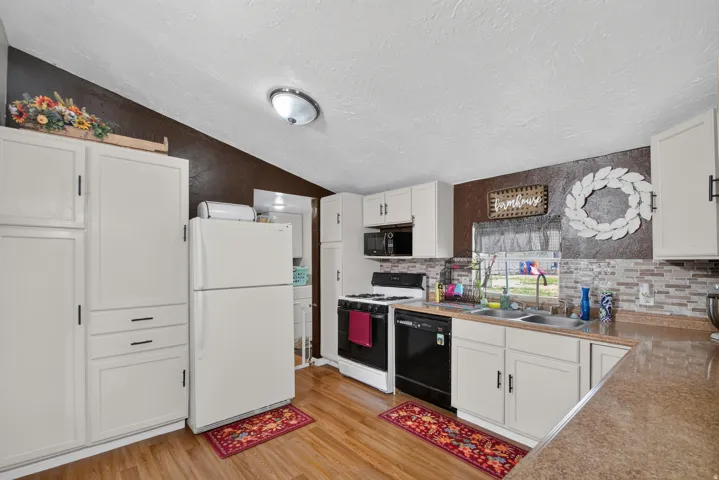Kitchen featuring white cabinetry, wood-finish flooring, a stainless steel double sink, and a tiled backsplash