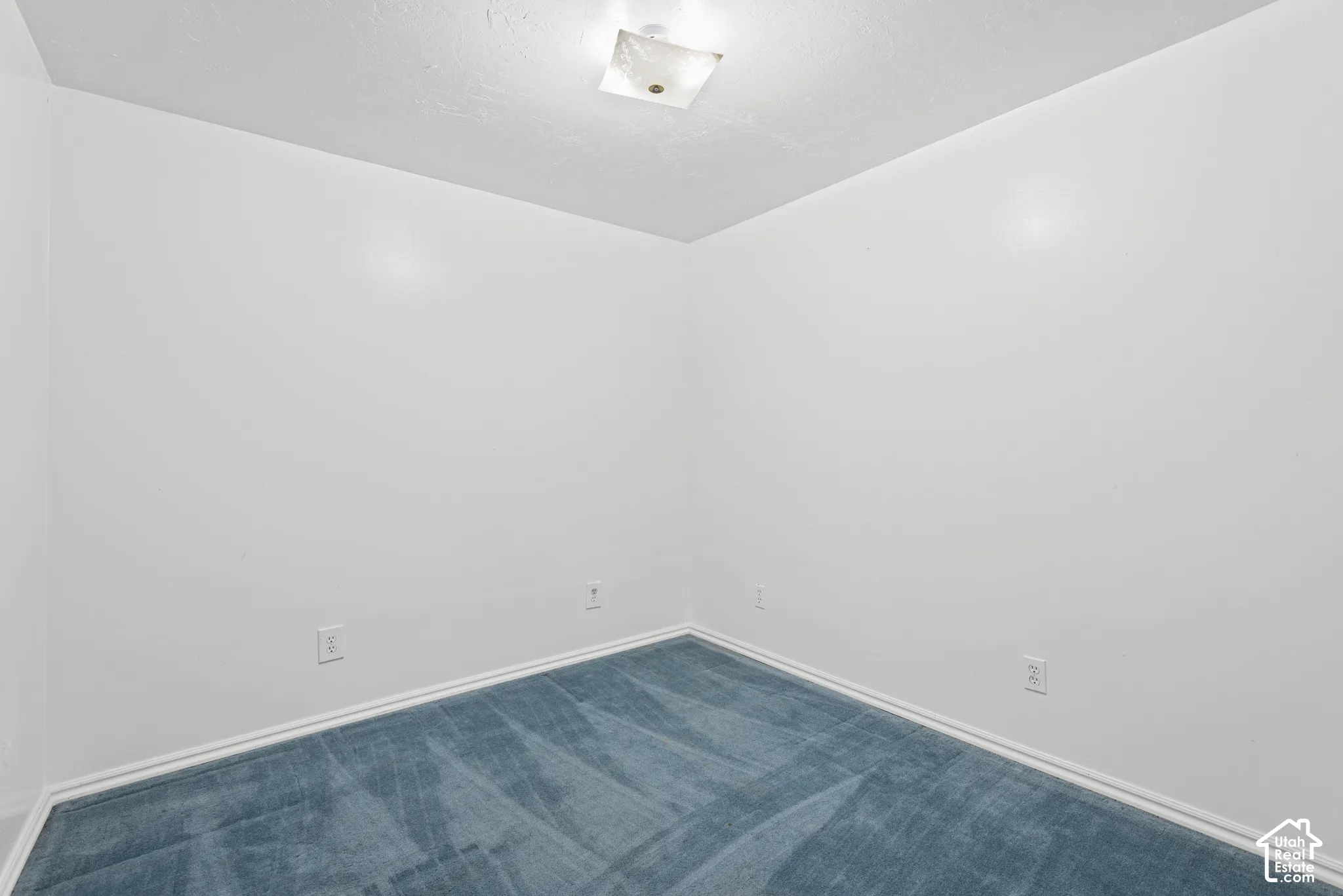 Room with textured walls, blue carpet flooring, and a flush mount ceiling light fixture