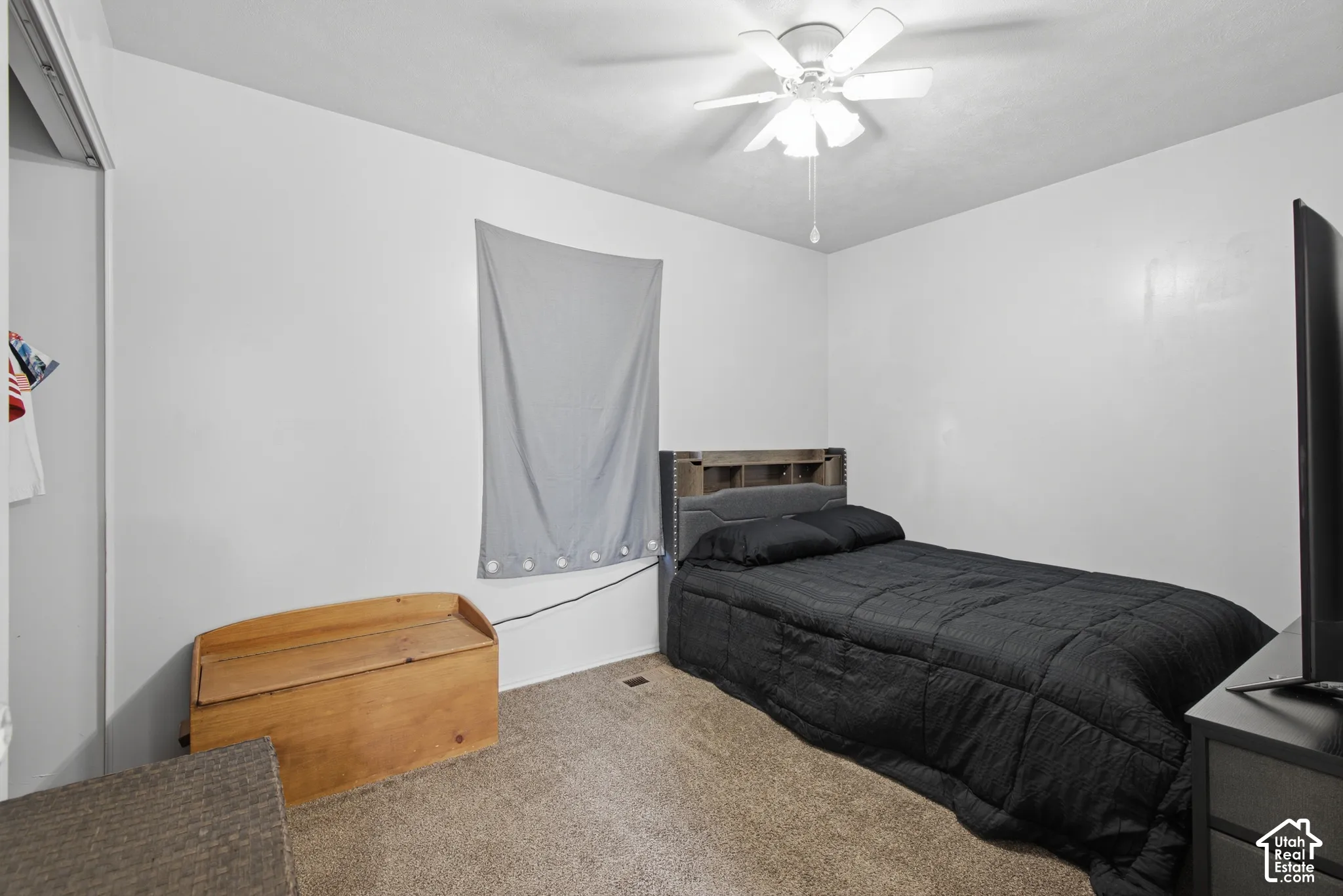 Ceiling fan with light fixture, neutral carpet flooring, white painted walls