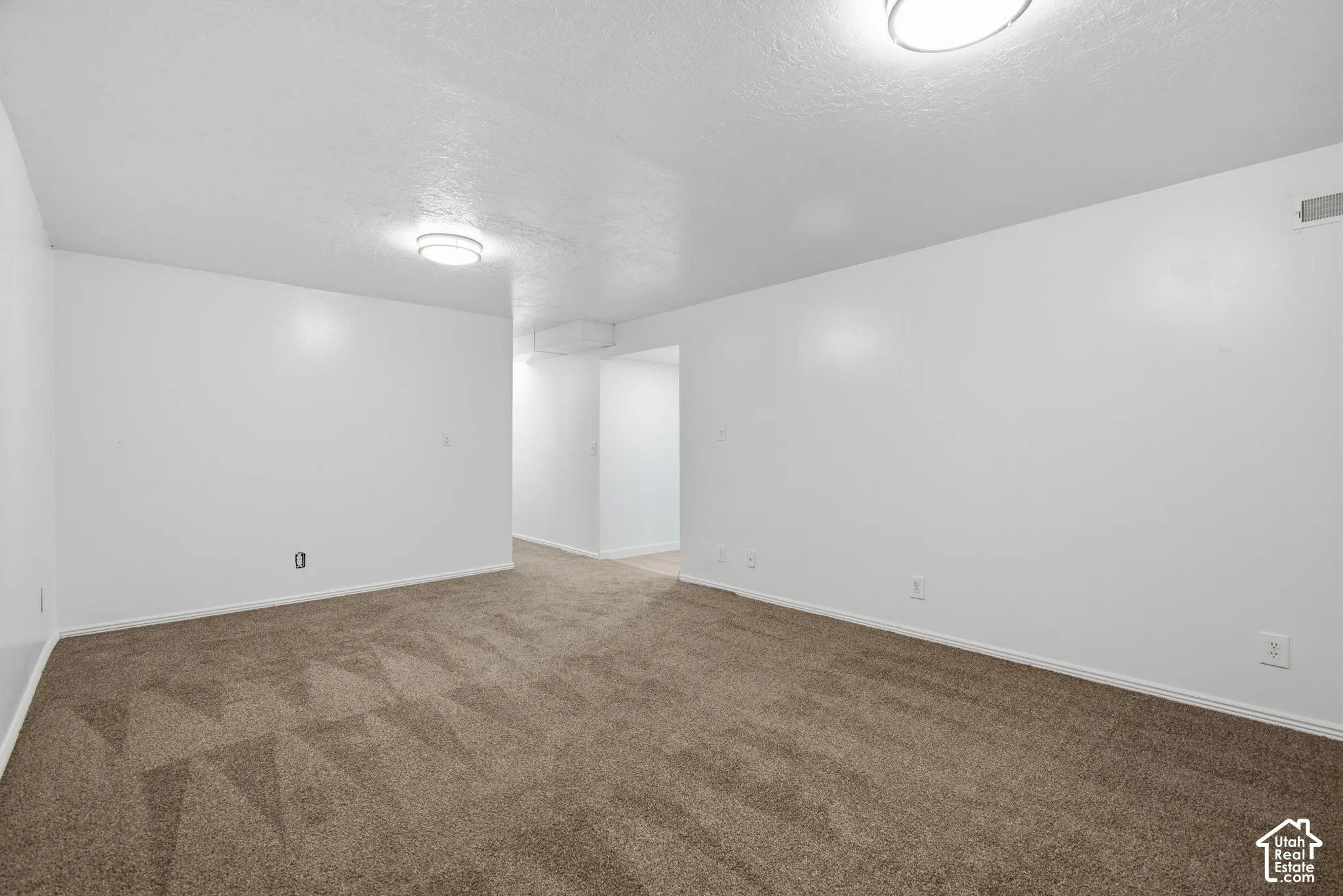 Neutral wall paint with textured ceilings, brown carpeting, and flush-mount ceiling lighting