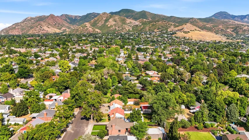 Expansive neighborhood featuring mature tree canopy and mountain backdrop