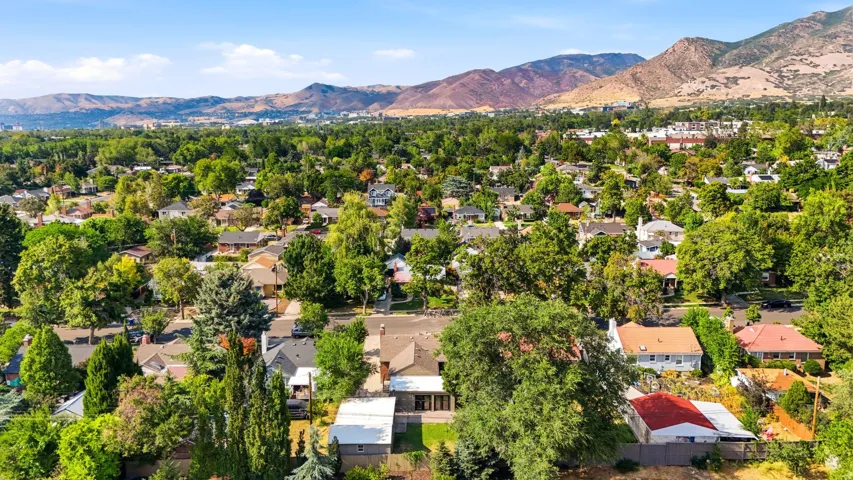 Residential neighborhood with mature trees and mountain scenery