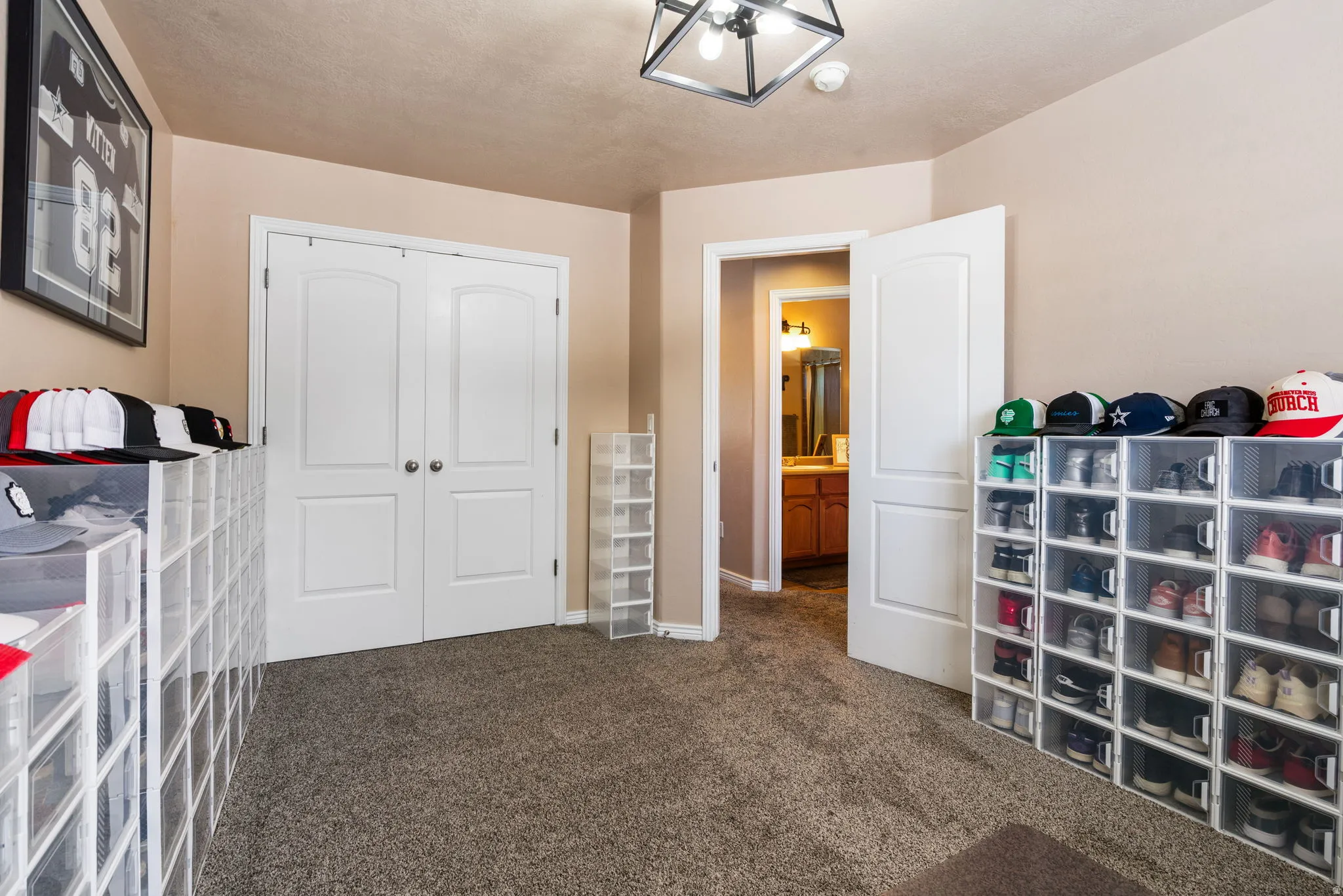 Carpeted room featuring a white double-door closet, a white single door, and a black geometric light fixture