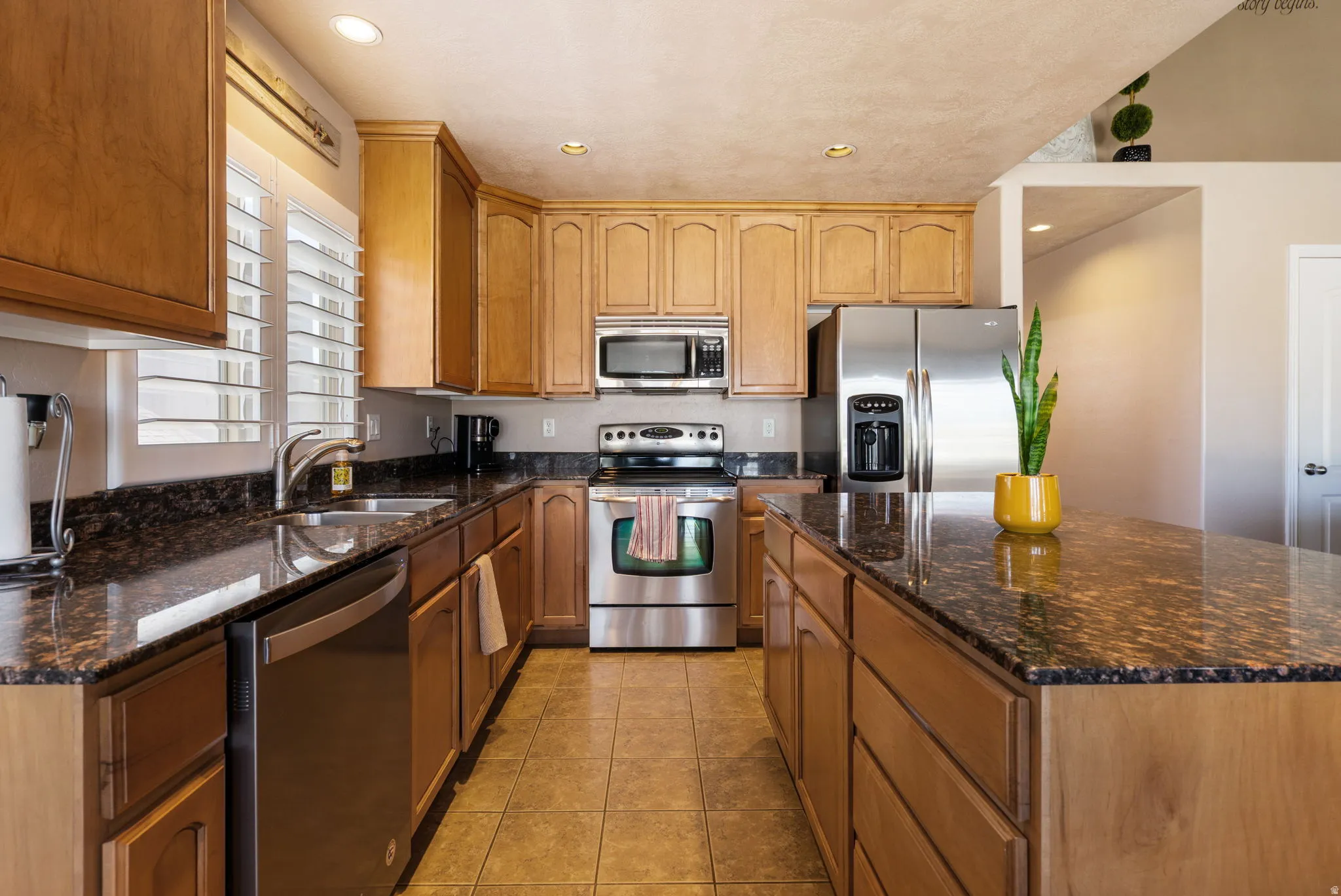 Kitchen featuring wood cabinetry, dark speckled countertops, stainless steel appliances, and recessed lighting