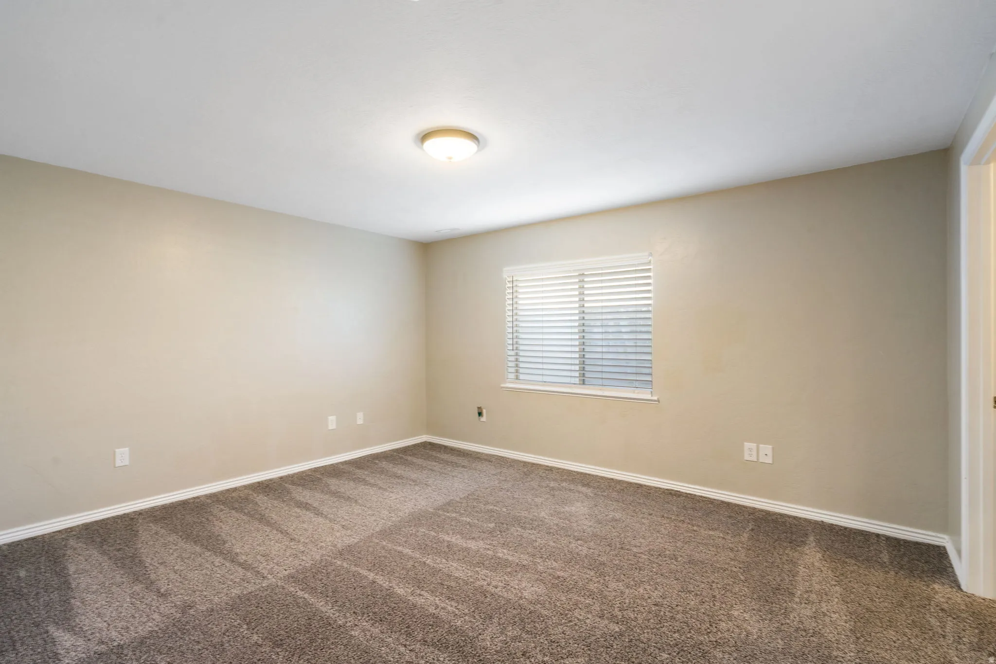 Light neutral wall paint, ceiling-mounted flush light fixture, window with blinds, and patterned carpeting