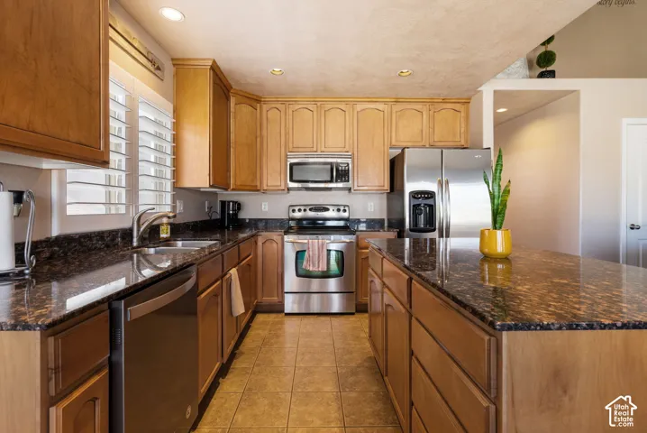 Kitchen featuring wood cabinetry, dark speckled countertops, stainless steel appliances, and recessed lighting