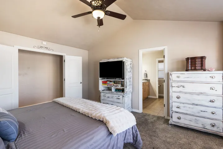 Vaulted ceiling, ceiling fan with integrated lighting, built-in closet with double doors, neutral-toned carpeting, and a full bathroom with a single vanity