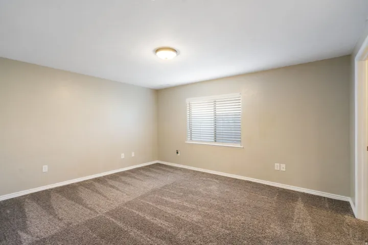 Light neutral wall paint, ceiling-mounted flush light fixture, window with blinds, and patterned carpeting