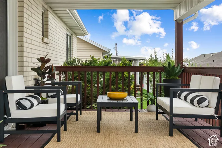 Covered outdoor deck with a dark wood-finish floor and a light-colored woven rug