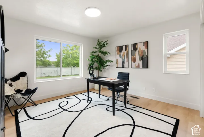 Light wood-finish flooring, white walls, and a flush-mount ceiling light