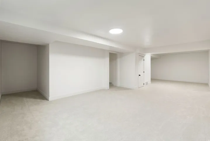 Expansive carpeted area with recessed lighting, a paneled door, and bright white walls