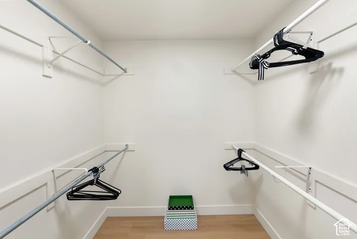 White walls, wood-finish flooring, and built-in closet rods with shelving