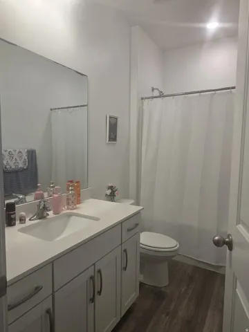 Bathroom featuring a single vanity with an undermount sink, a white countertop, cabinet storage, and wood-finish flooring