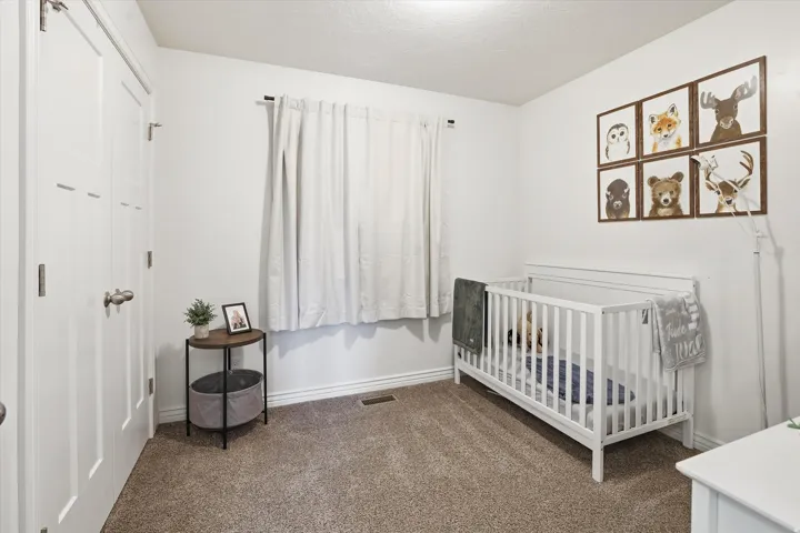 Carpeted room featuring white walls, a window with curtains, and a built-in closet with panel doors