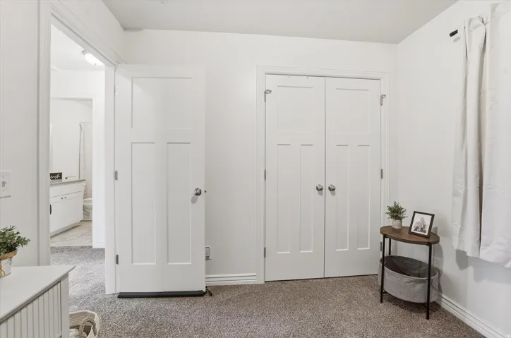 Bright primary bedroom featuring dual closets with six-panel doors, carpet flooring, and abundant natural light from multiple windows