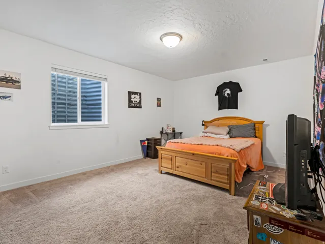 Carpeted room featuring a single window with a white frame, white painted walls, a textured ceiling, and a flush-mount ceiling light fixture