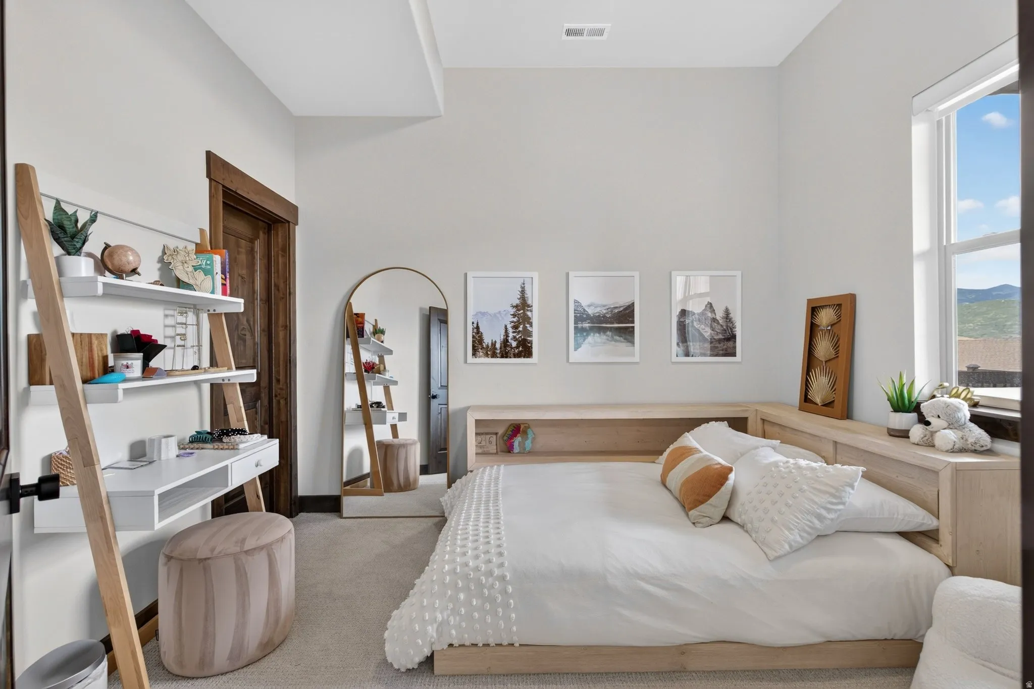 Light neutral wall color, natural wood-finish door, large window, built-in shelving, and carpet flooring