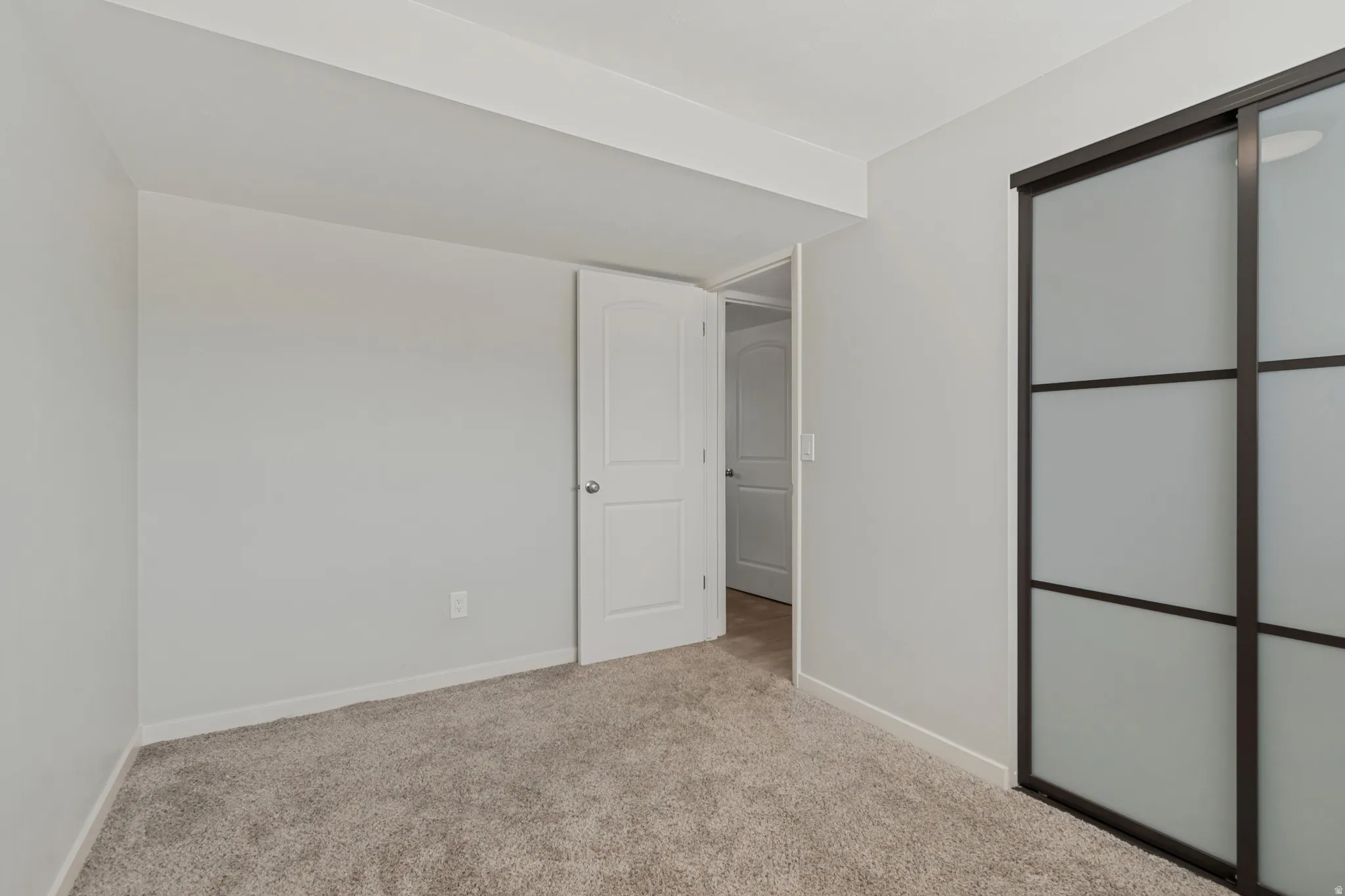 Neutral wall paint, carpet flooring, and a closet with sliding doors