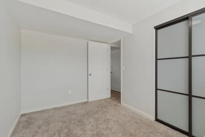 Neutral wall paint, carpet flooring, and a closet with sliding doors
