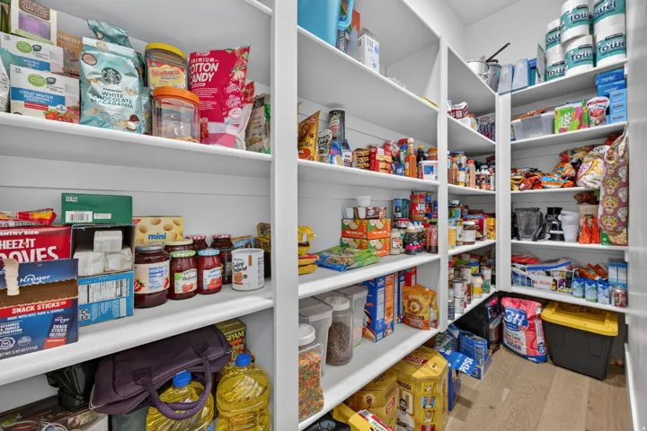 Walk-in pantry featuring extensive built-in shelving, white finish cabinetry, and light wood-finish flooring