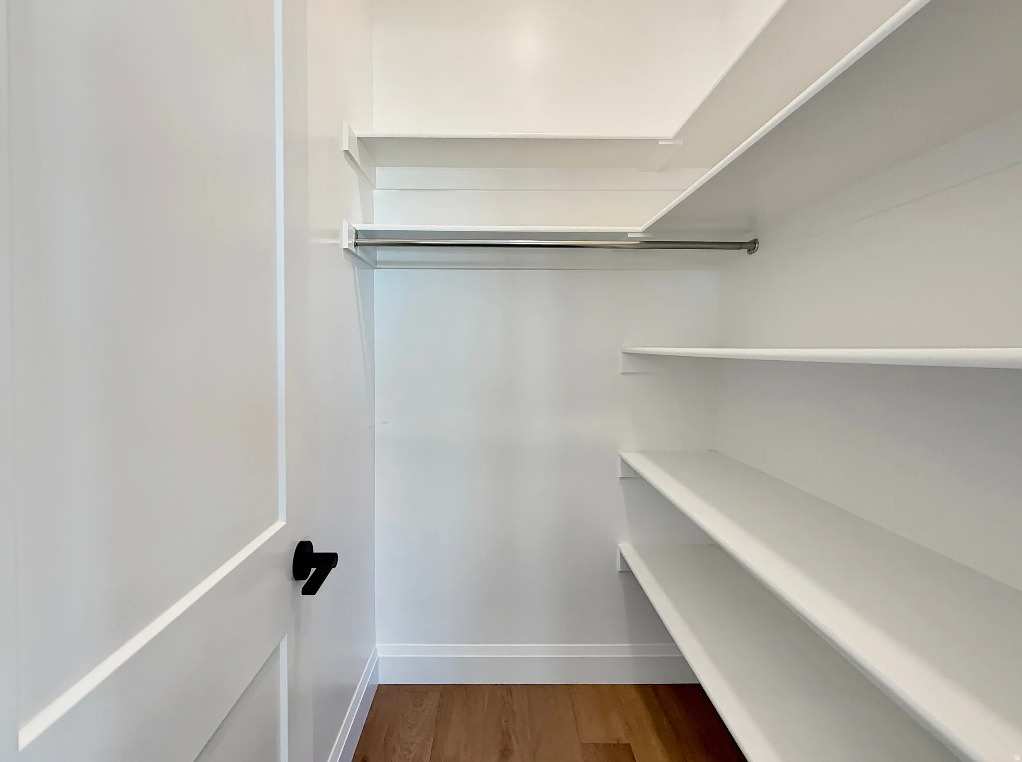 Built-in shelving, chrome hanging rod, wood-finish flooring, white paneled door, matte black door hardware
