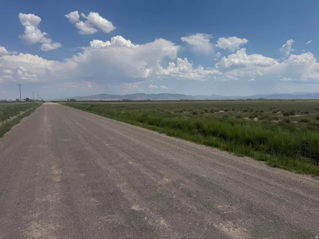 Expansive open land with a gravel road, bordered by natural vegetation