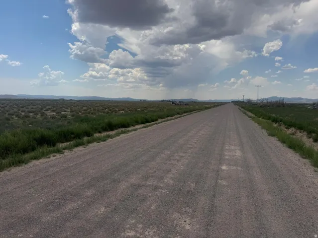 Expansive natural landscape with a gravel road and distant mountains
