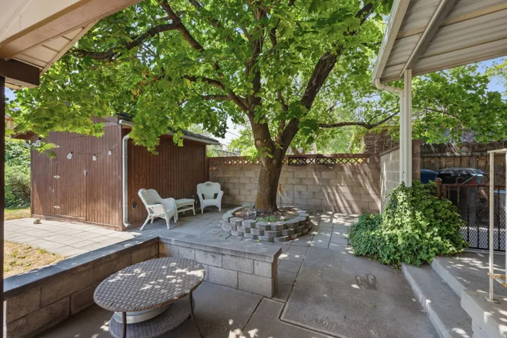 Expansive outdoor patio featuring concrete pavers, a mature shade tree, block wall perimeter, and a detached storage shed