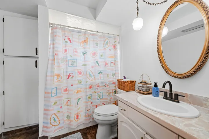 Vanity with an integrated sink and black hardware, framed mirror, built-in storage cabinets, wood-finish flooring, and a ceiling-mounted light fixture