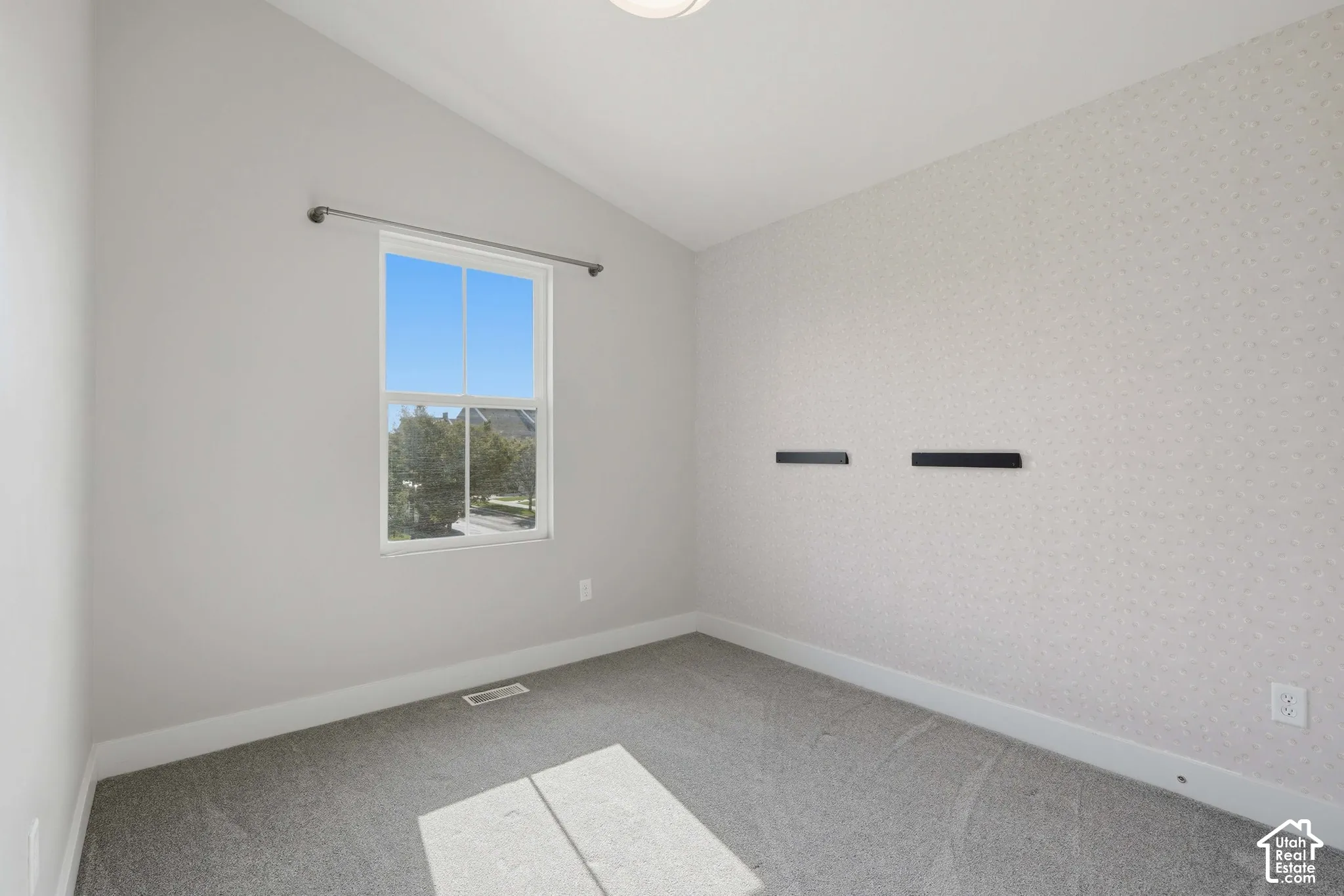 Vaulted ceiling, single window, wall-to-wall carpeting, and neutral wall finishes