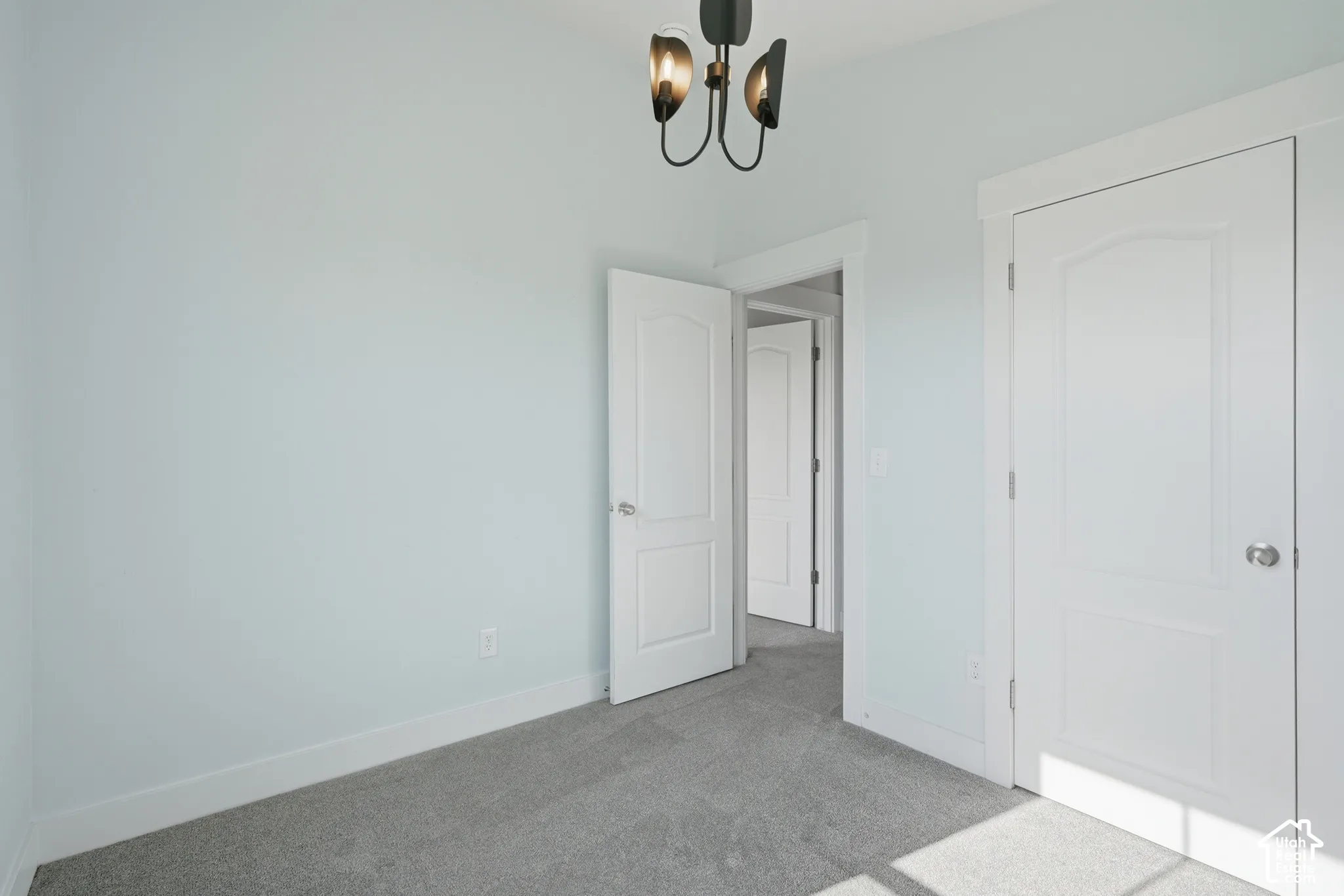 Light-toned walls, grey carpeting, and white paneled doors