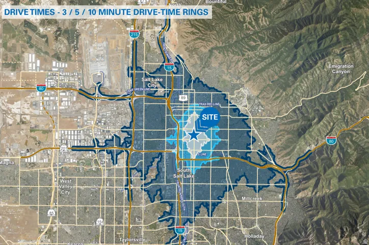 Location Map. Displaying drive-time rings of 3, 5, and 10 minutes from the property