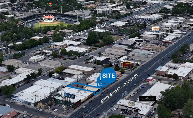 Aerial perspective of a commercial site with proximity to State Street and Main Street