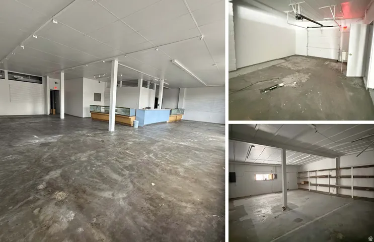 Property images. Depicting various interior spaces of the property, including a main area with fixtures, a garage-like space, and an area with shelving
