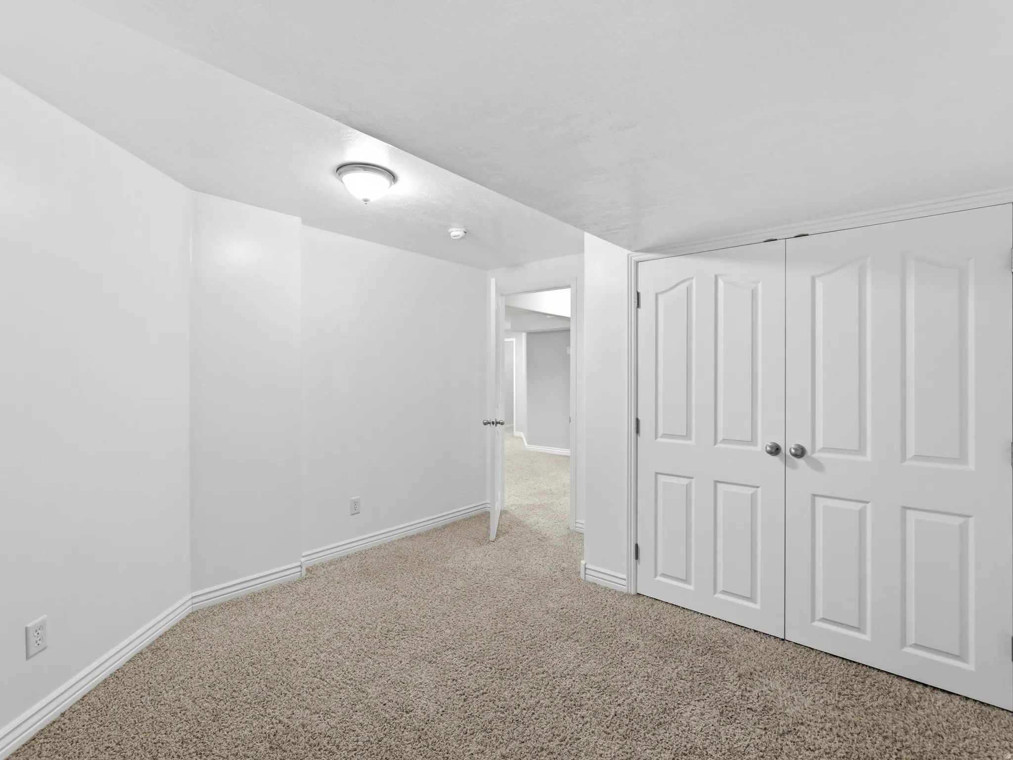 Plush carpeting, paneled bi-fold doors, white interior paint, and a ceiling-mounted light fixture