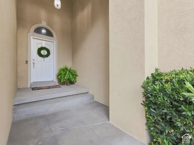 Arched entry door with transom window and concrete steps