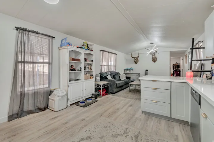 Laminate wood-finish flooring, white walls, light gray shaker cabinetry with gold-tone hardware, and white countertops
