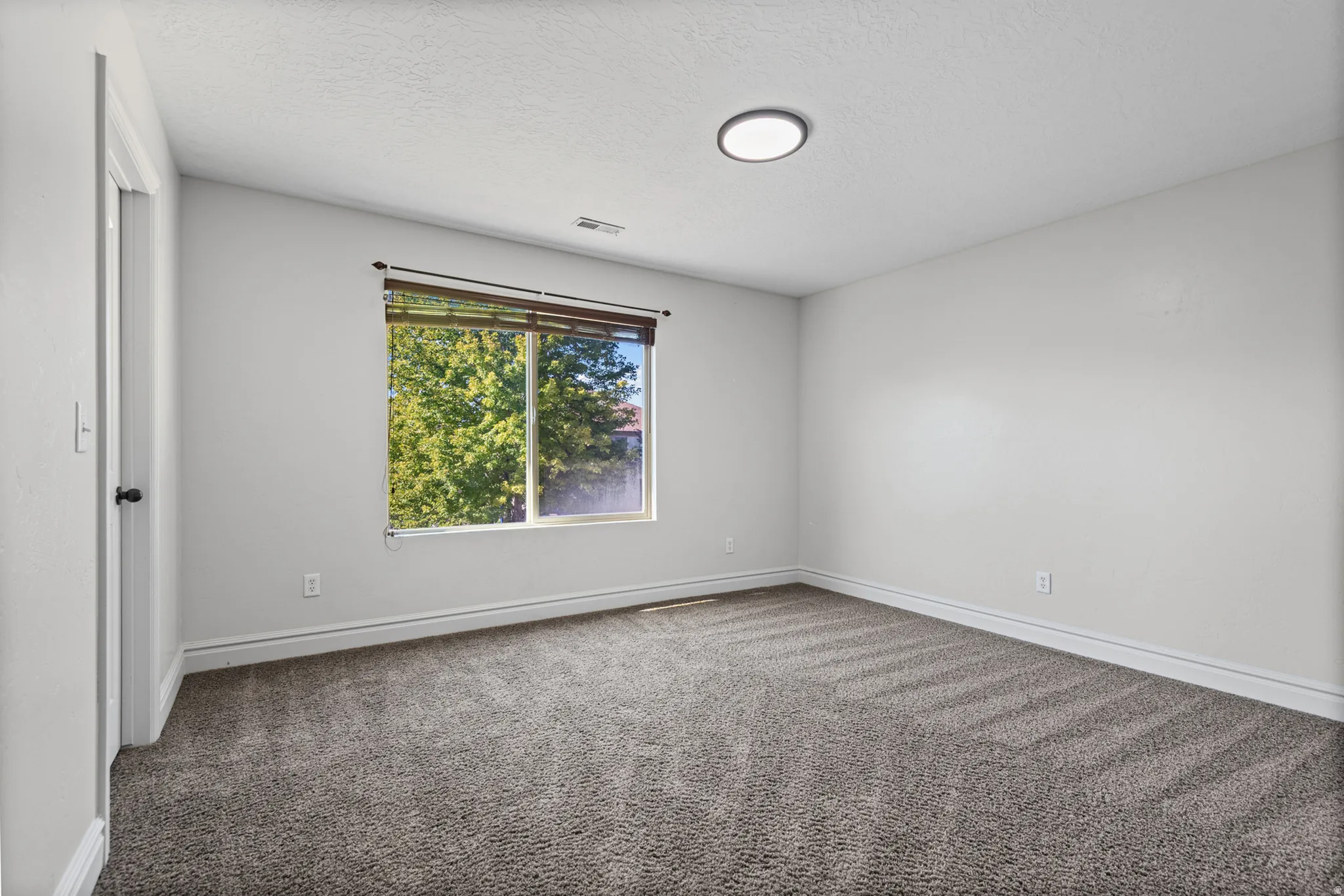 Neutral-toned walls complement the gray patterned carpet