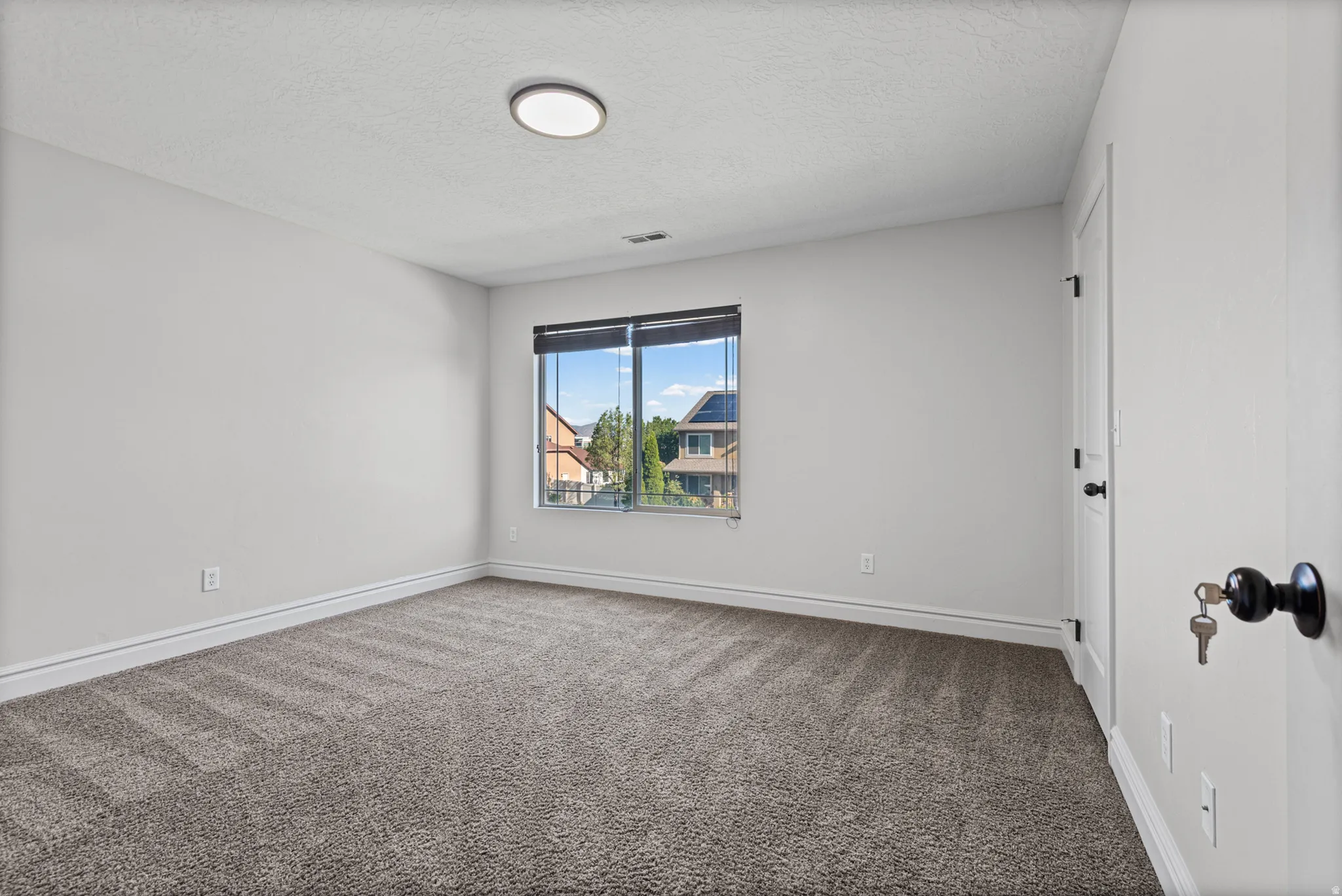 Neutral wall tones with a window, textured carpet, and a flush mount ceiling light
