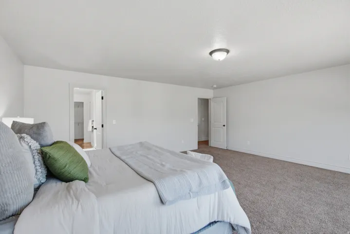 Neutral wall finishes, textured carpet flooring, and a flush-mount ceiling light