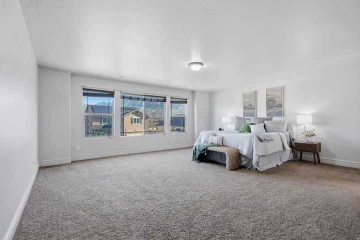 Expansive room featuring light-toned carpet, a series of large windows, a flush-mount ceiling light fixture, and neutral painted walls